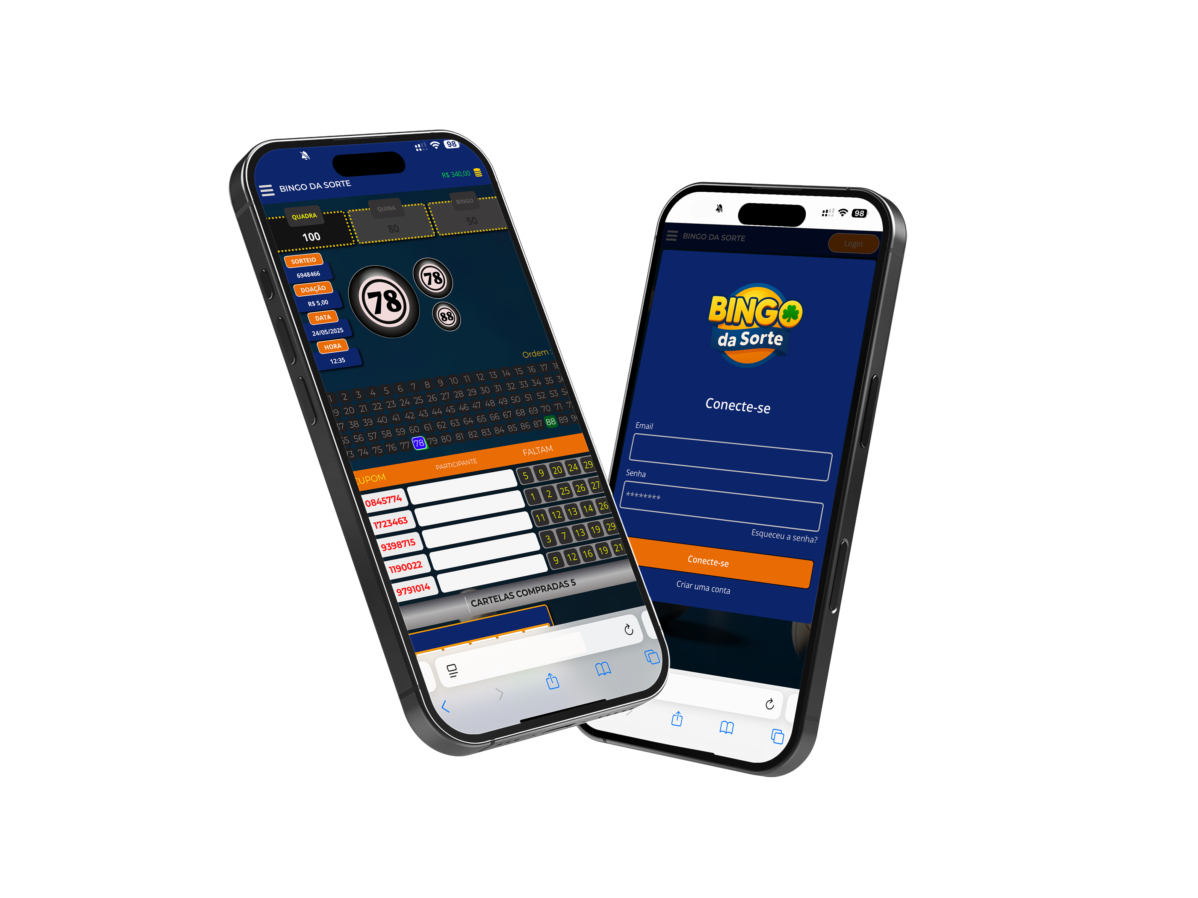 Interface do Sistema de Bingo em smartphones mostrando tela de jogo e login